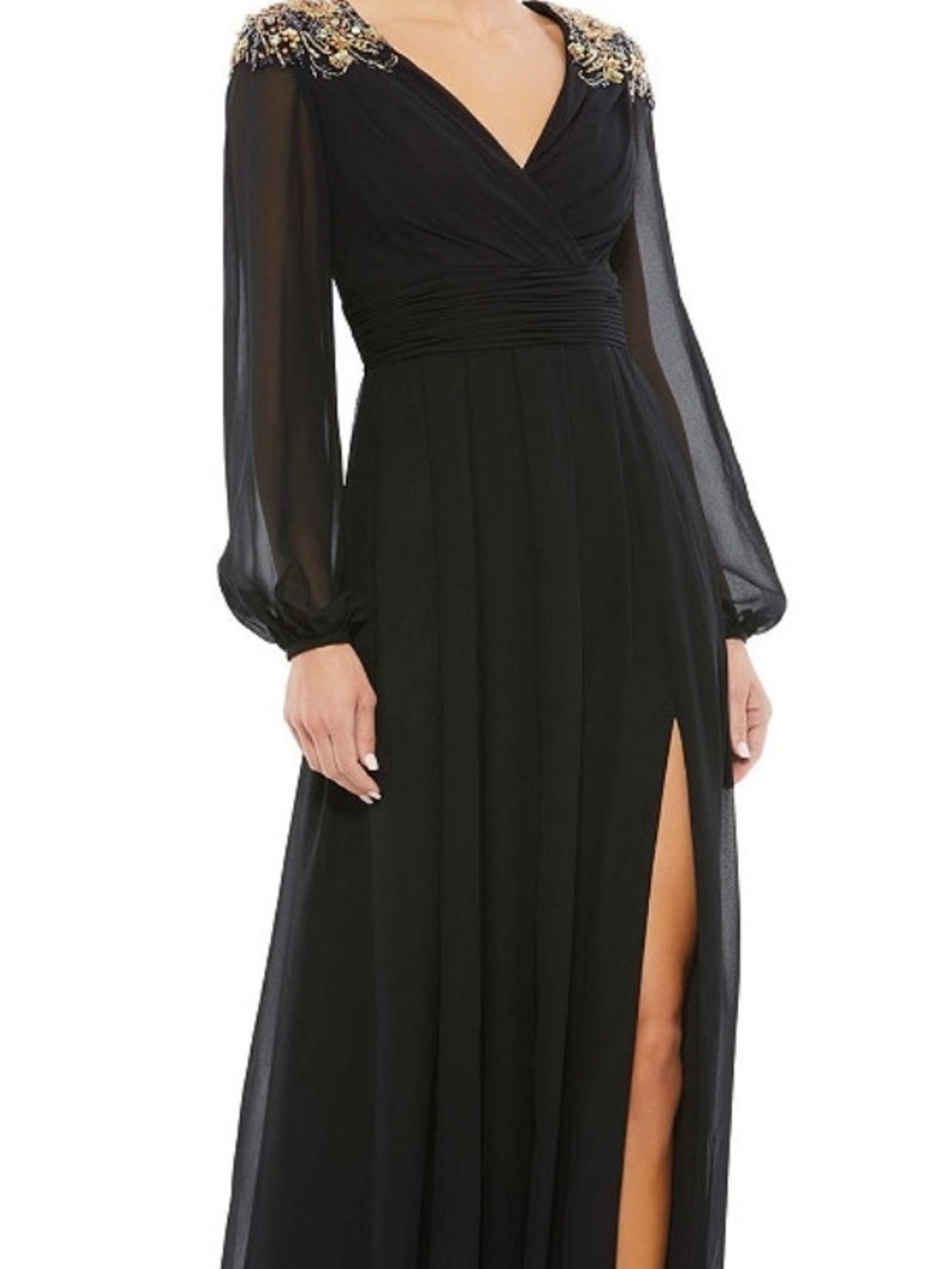 Black Long-Sleeve Embellished Shoulder Evening Dress